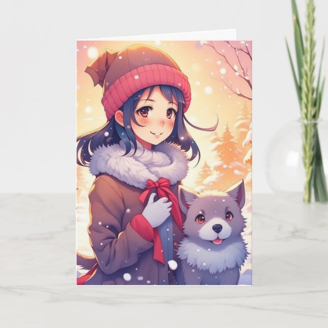 Tarjeta Chica de Anime y Perro con Fondo de Navidad (Anverso)