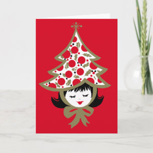 Tarjeta Chica de árbol de Navidad retro lindo rojo