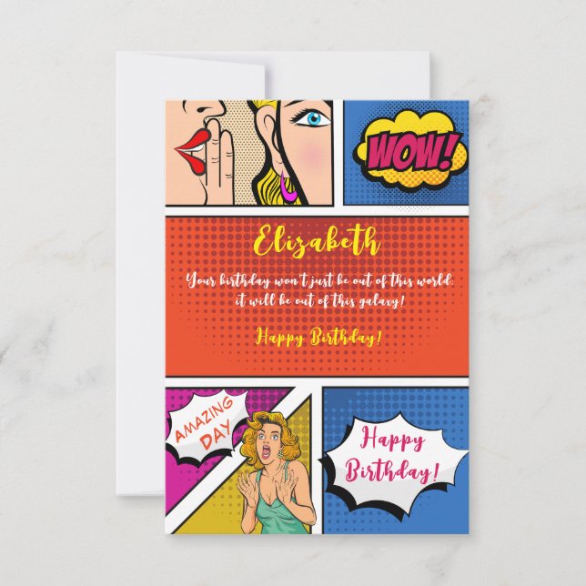 Tarjeta Chica de arte pop cómic feliz cumpleaños (Anverso)