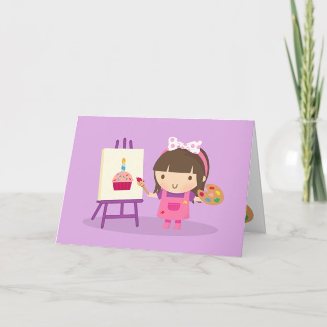 Tarjeta Chica de artista de Cute pintando feliz cumpleaños (Anverso)