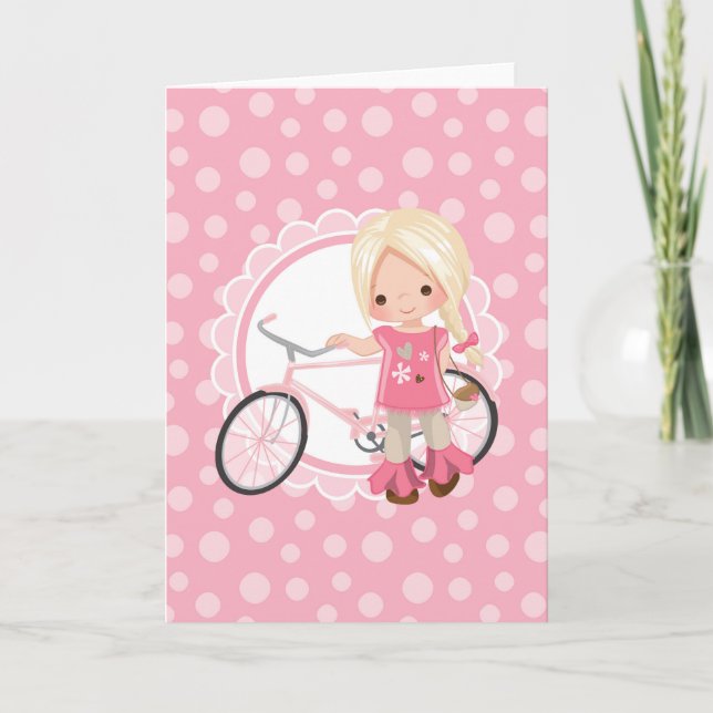 Tarjeta Chica de Bicicleta Rubia - Rosa Blanco (Anverso)