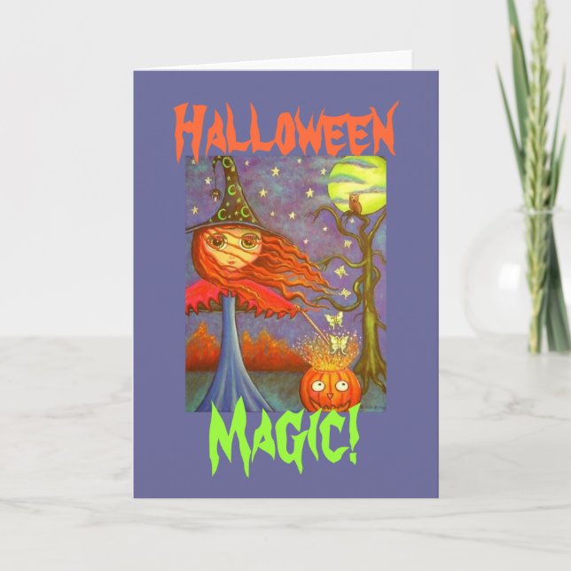 Tarjeta Chica de brujas de Halloween Redhead y Luna (Anverso)