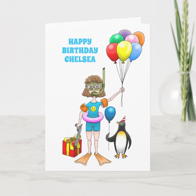 Tarjeta Chica de buceo festivo y pingüino (Anverso)