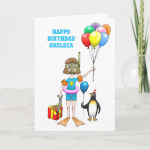 Tarjeta Chica de buceo festivo y pingüino