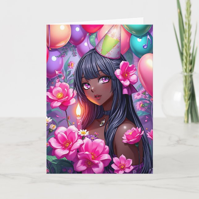 Tarjeta Chica de color de cumpleaños temática anime (Anverso)
