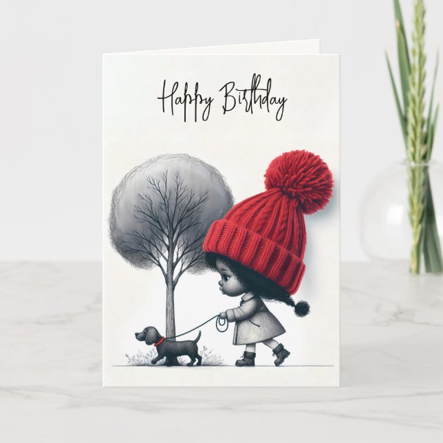 Tarjeta Chica de cumpleaños caminando por su perro (Anverso)