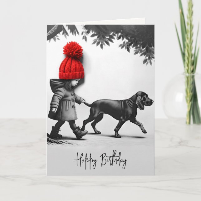 Tarjeta Chica de cumpleaños caminando por su perro (Anverso)