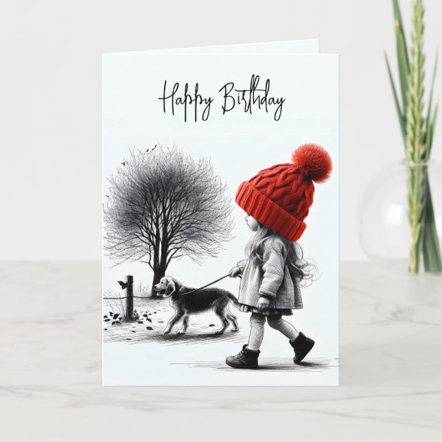 Tarjeta Chica de cumpleaños caminando por su perro (Anverso)