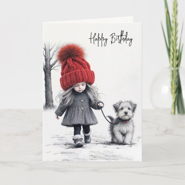 Tarjeta Chica de cumpleaños caminando por su perro (Anverso)