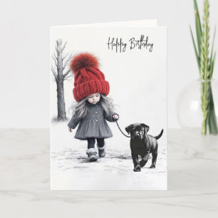 Tarjeta Chica de cumpleaños caminando por su perro negro