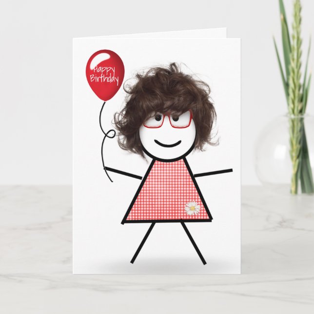 Tarjeta Chica de cumpleaños con globo rojo de cuadros  (Anverso)