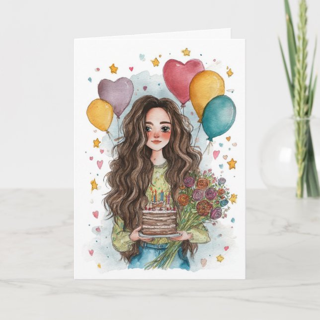 Tarjeta Chica de cumpleaños con globos (Anverso)