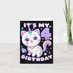 Tarjeta Chica de cumpleaños de 4 años, gato, unicornio, cu