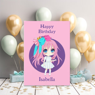 Tarjeta Chica de cumpleaños de Bonito rosa de Anime person