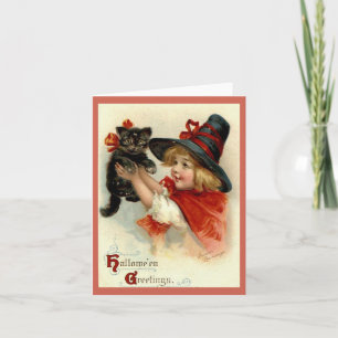 Tarjeta Chica de Cumpleaños de Halloween con Gato Negro Vi