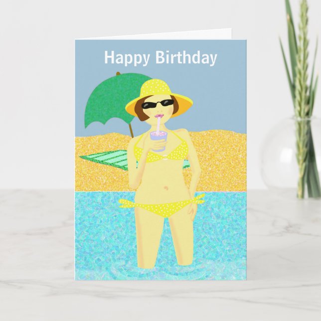 Tarjeta Chica de cumpleaños de la playa de polka punto bik (Anverso)