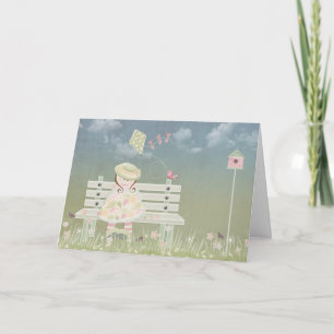 Tarjeta Chica de cumpleaños en banco con cometa