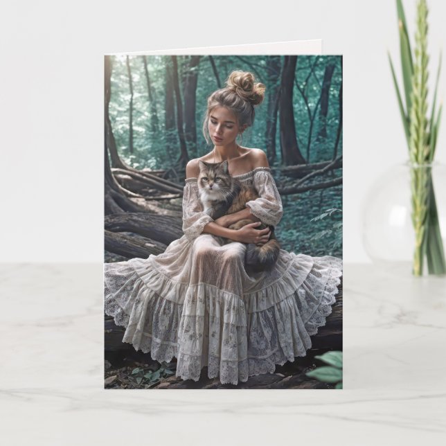 Tarjeta Chica de cumpleaños en bosques con un gato (Anverso)