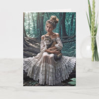 Chica de cumpleaños en bosques con un gato