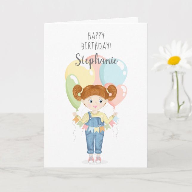 Tarjeta Chica de cumpleaños en Overalls Redhead (Planta pequeña)