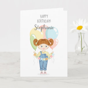 Tarjeta Chica de cumpleaños en Overalls Redhead