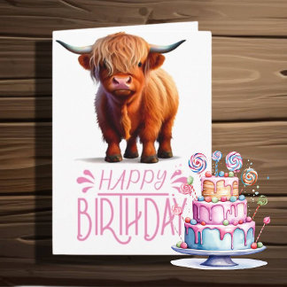 Tarjeta chica de cumpleaños Highland Cow