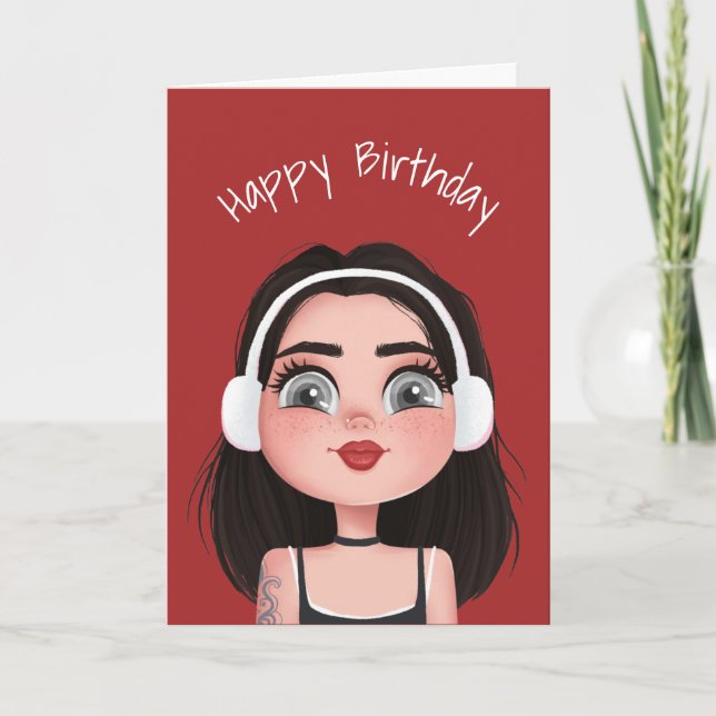 Tarjeta Chica de cumpleaños personalizado con auriculares (Anverso)