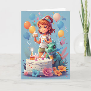 Tarjeta Chica de dibujos animados con pastel de cumpleaños