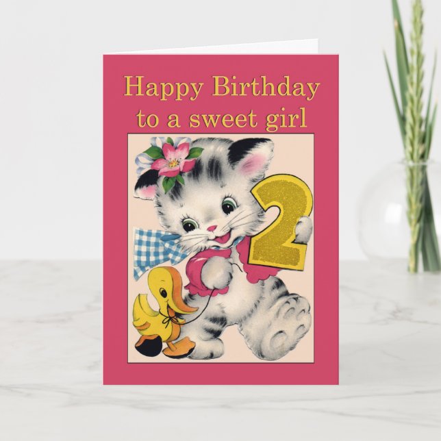 Tarjeta Chica de dos años Birthday Card gato y pato (Anverso)