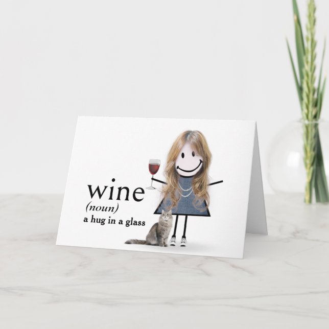 Tarjeta Chica De Figura De Palo De Cumpleaños Con Vino Y G (Anverso)