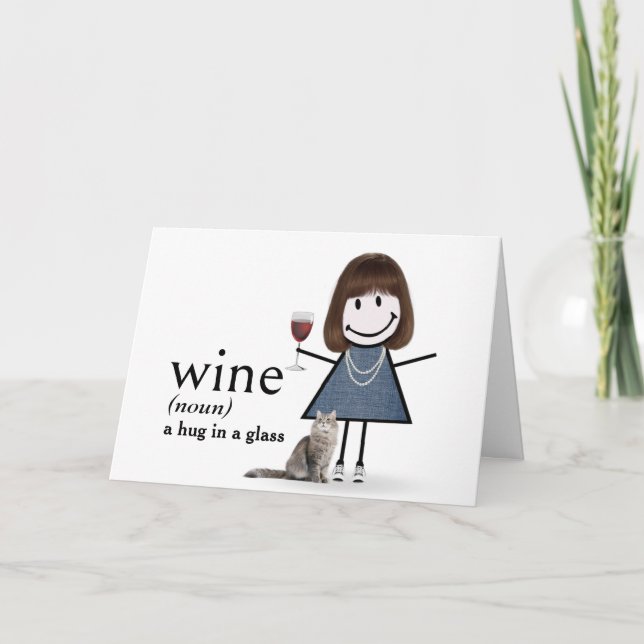 Tarjeta Chica De Figura De Palo De Cumpleaños Con Vino Y G (Anverso)