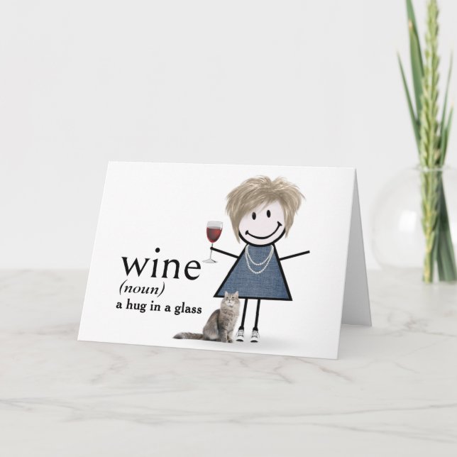 Tarjeta Chica De Figura De Palo De Cumpleaños Con Vino Y G (Anverso)