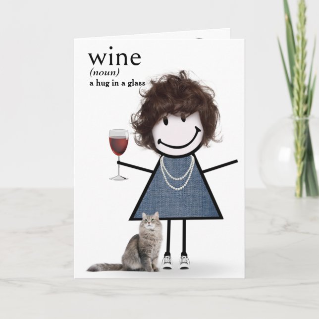 Tarjeta Chica De Figura De Palo De Cumpleaños Con Vino Y G (Anverso)