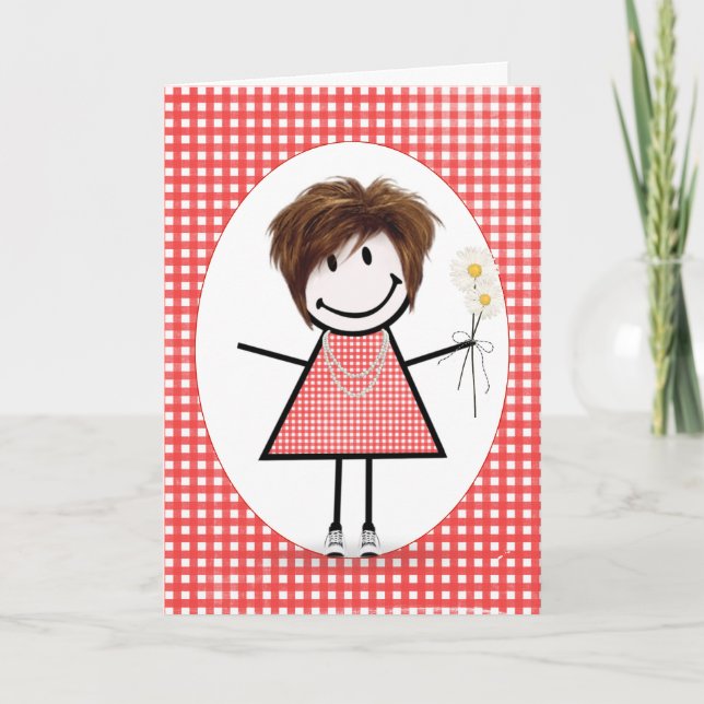 Tarjeta Chica De Figura De Palo De Cumpleaños En Red Gingh (Anverso)