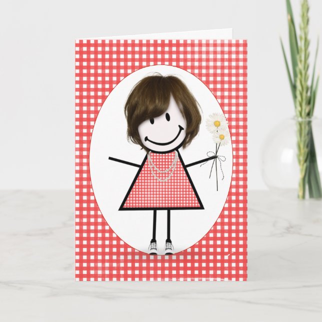 Tarjeta Chica De Figura De Palo De Cumpleaños En Red Gingh (Anverso)
