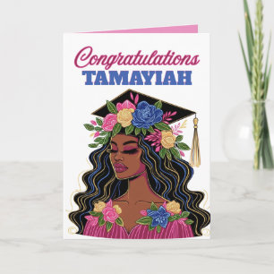 Tarjeta Chica de graduación afroamericana con gorra floral