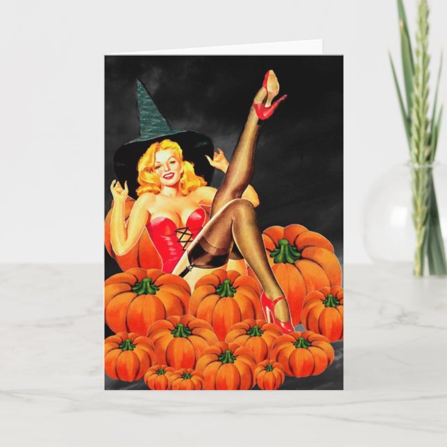 Tarjeta Chica de Halloween Pin Up sobre calabazas (Anverso)