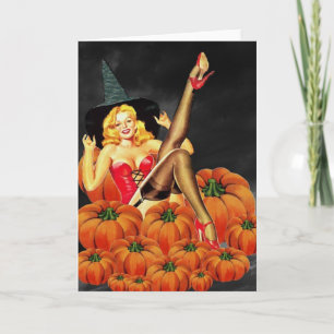 Tarjeta Chica de Halloween Pin Up sobre calabazas