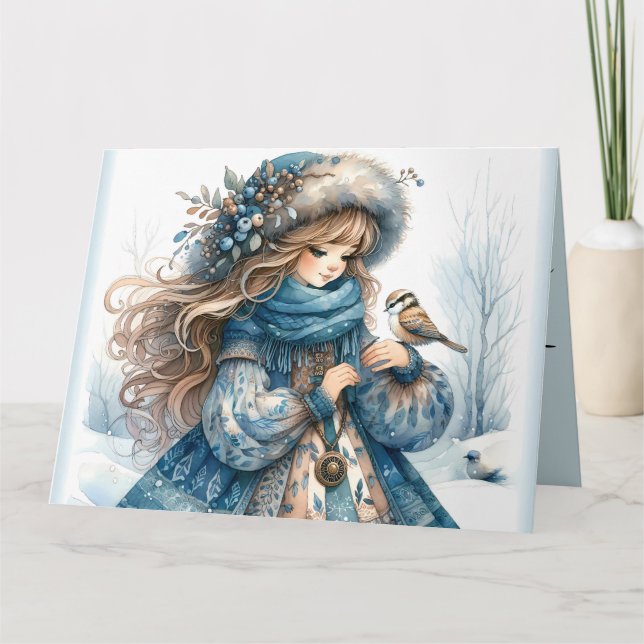 Tarjeta Chica de invierno con pájaro en Abrigo Floral Azul (Anverso)