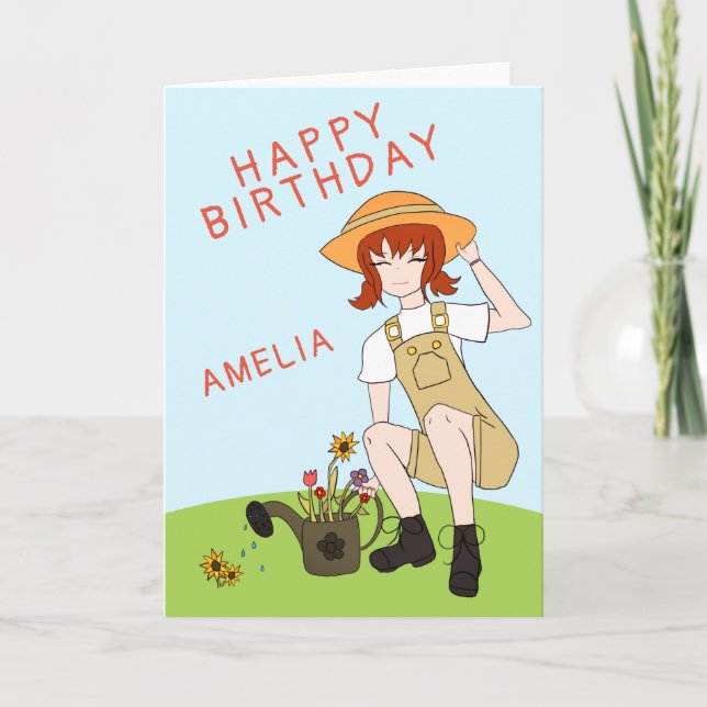 Tarjeta Chica de jardinería suave flores cabello marrón cu (Anverso)