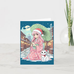 Tarjeta Chica de kimono de anime Navidad Japón Gato Navida