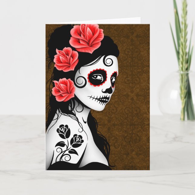 Tarjeta Chica de la Calavera del Azúcar Muerto - marrón (Anverso)