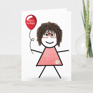 Tarjeta Chica de la figura del stick con globo de cumpleañ