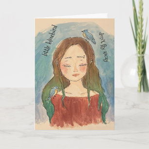 Tarjeta Chica de los pájaros azules no te vayas volando