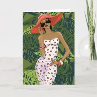 Tarjeta Chica de moda tropical en gran Gorra rojo