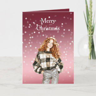 Tarjeta Chica de Navidad con puntos de Bokeh rojos y blanc
