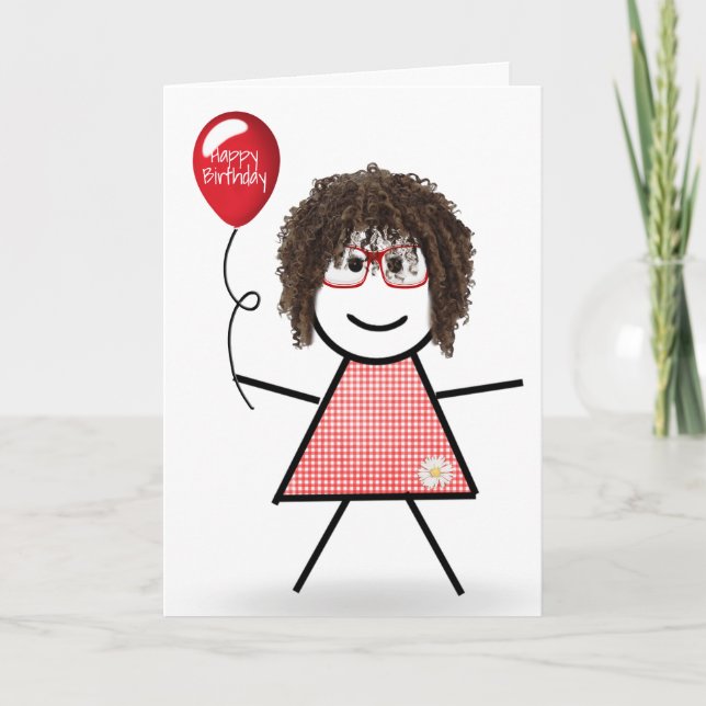Tarjeta Chica de palitos con globo de cumpleaños rojo (Anverso)