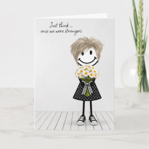 Tarjeta Chica de palitos con ramo de margaritas de cumplea