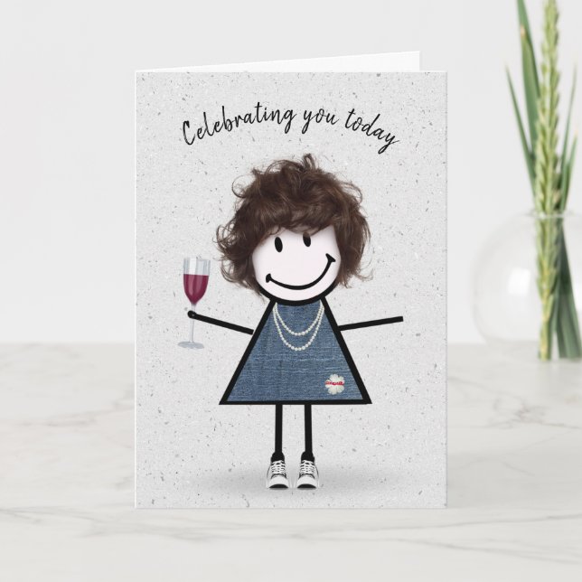 Tarjeta Chica de palitos cumpleaños con copa de vino  (Anverso)