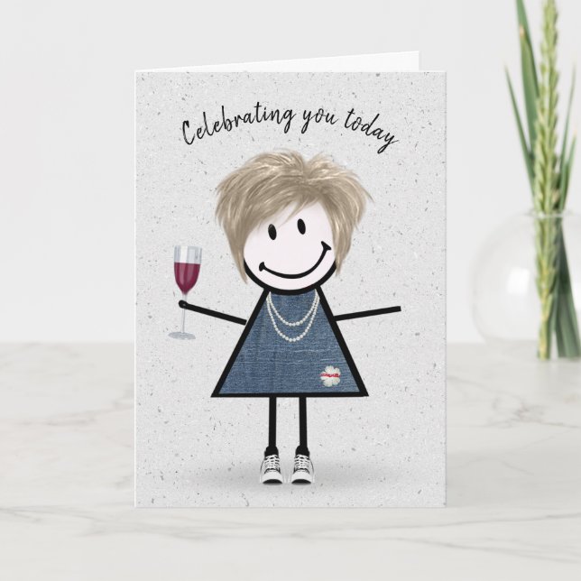 Tarjeta Chica de palitos Cumpleaños con copa de vino  (Anverso)